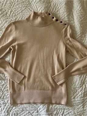 Ann Taylor Cream Button-Shoulder Mock Neck Sweater
